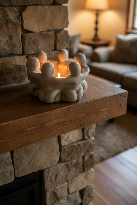 Circle of Goddesses Terra Cotta Tea Light Candle Holder on a stone fireplace mantle with the candle lit showing a warm glow.