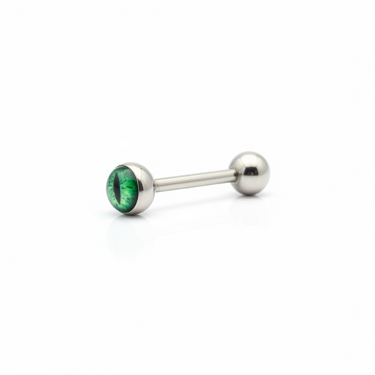Green Snake Eye tongue barbell in 316l stainless steel 