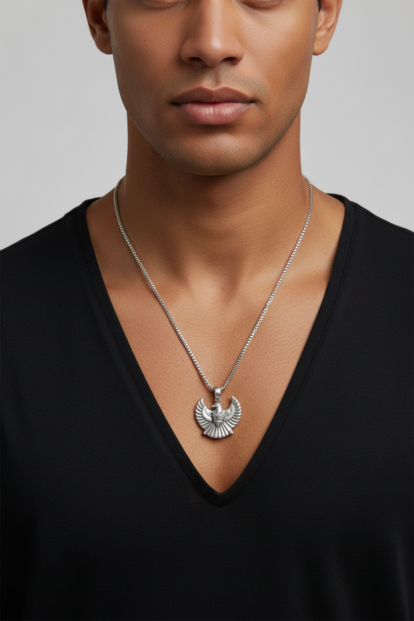 Egyptian Scarab Beetle Steel Chain Necklace in 316l stainless steel on a male model.
