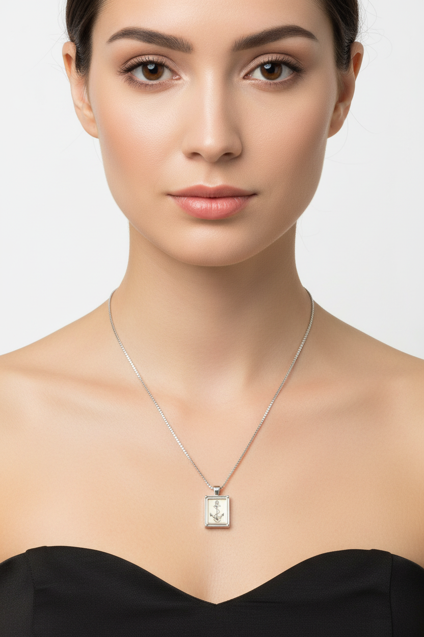 Vintage Anchor Steel Chain Necklace in 316l stainless steel on a female model.