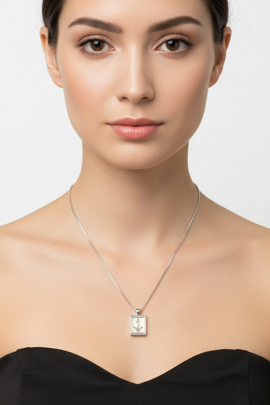Vintage Anchor Steel Chain Necklace in 316l stainless steel on a female model.