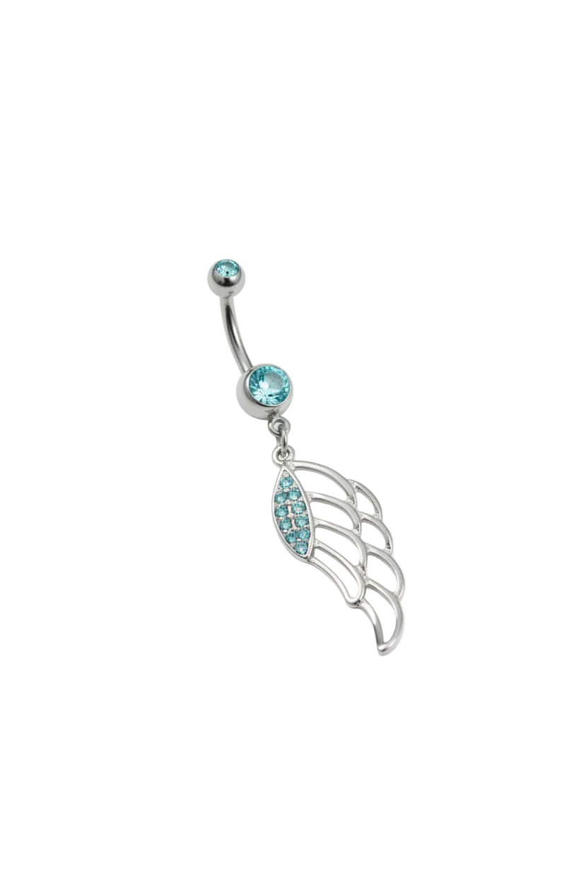 Aqua Crystal Wing Belly Button Ring in 316l stainless steel angled right.