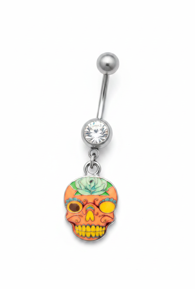 Clear Crystal Floral Sugar Skull Belly Button Ring in 316l stainless steel close up detail.