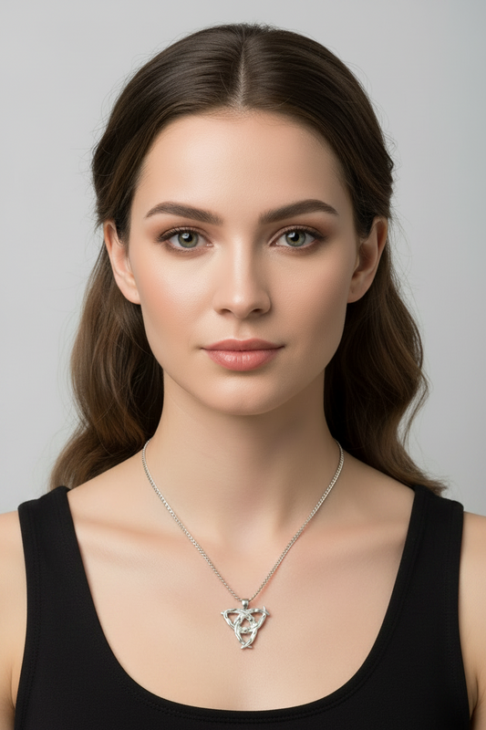 Mystical Triquetra Steel Chain Necklace in 316l stainless steel on a female model.