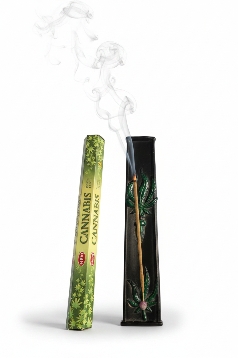 Green Leaf Man Resin Incense Burner - Free Incense on a white background with incense burning and smoke rising.