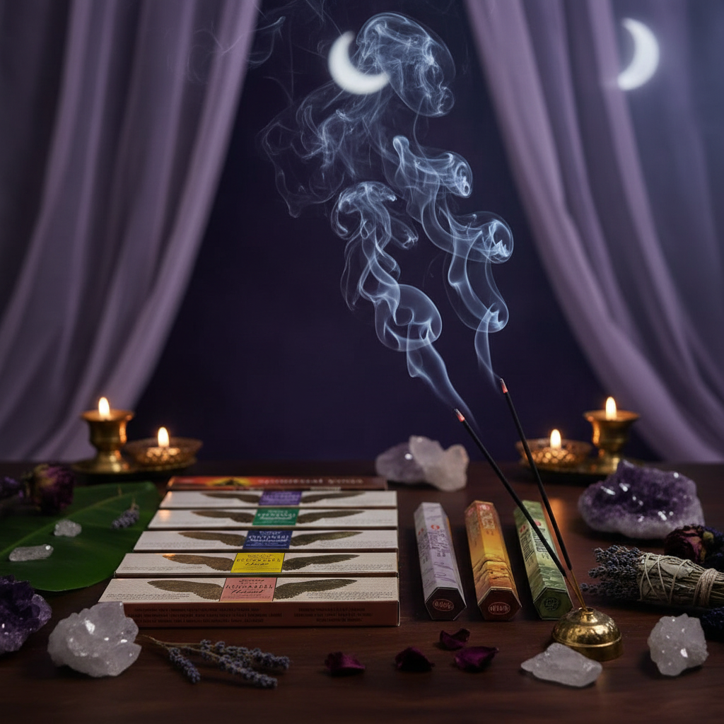Divine Archangel Incense Variety Gift Package burning in a mystic setting with smoke rising.