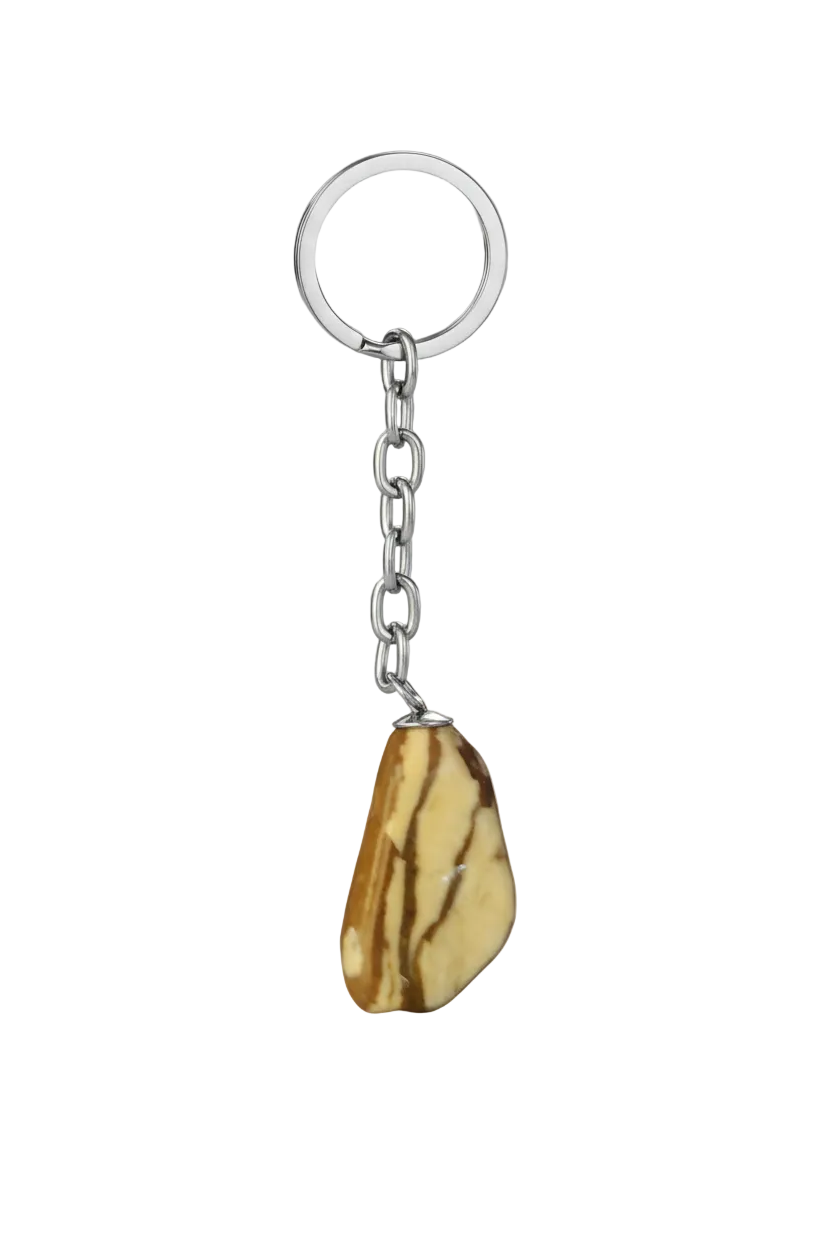 Brown and White Agate Natural Earth Stone Handmade Steel Plated Keychain on a white background.