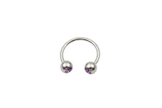 Purple Crystal Steel Horseshoe Curved Barbell in 316l stainless steel close up detail.