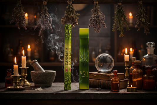 420 Green Leaf Incense Burner - Free Incense on the counter in a mystic kitchen shown with free Hem Hemp incense.