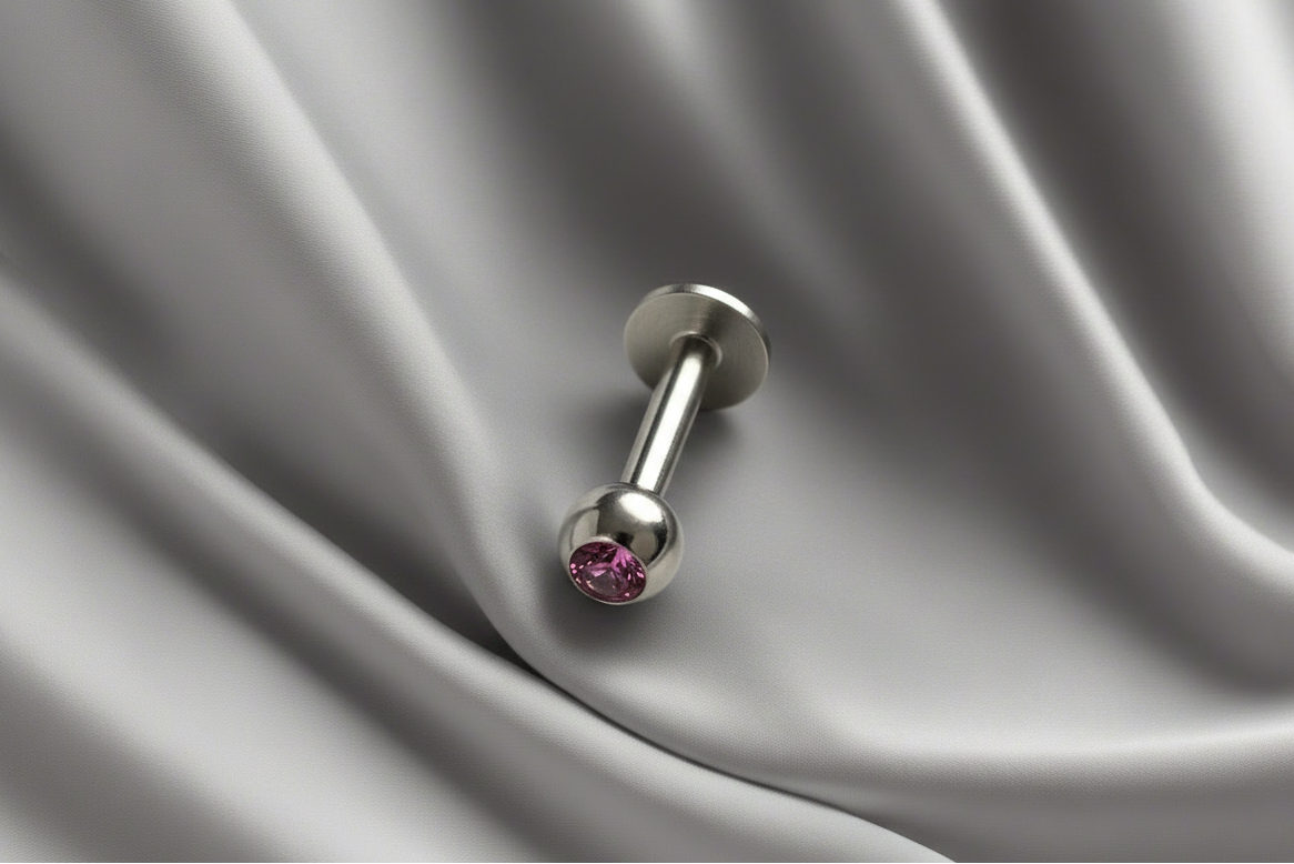 Orchid Purple Crystal Labret Lip Ring in 316l stainless steel.