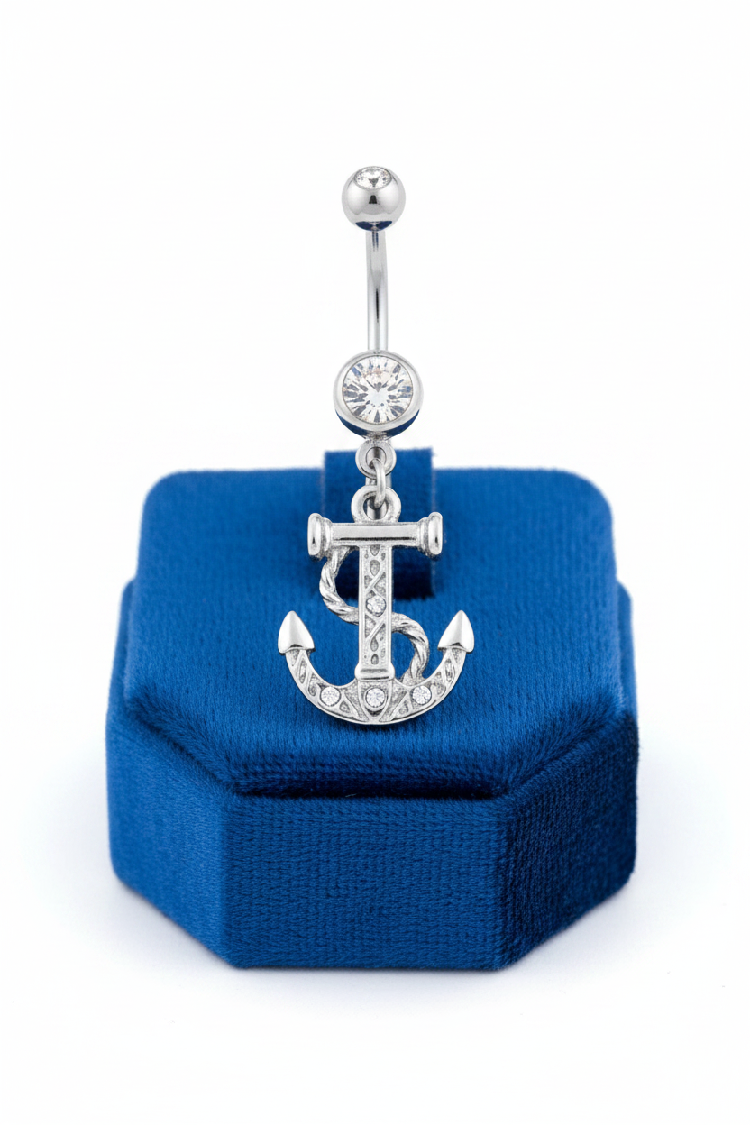Clear Crystal Rope Anchor Belly Button Ring in 316l stainless steel on a blue velvet jewelry display.