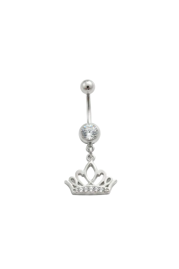 Clear Crystal Crown Belly Button Ring in 316l stainless steel close up detail.