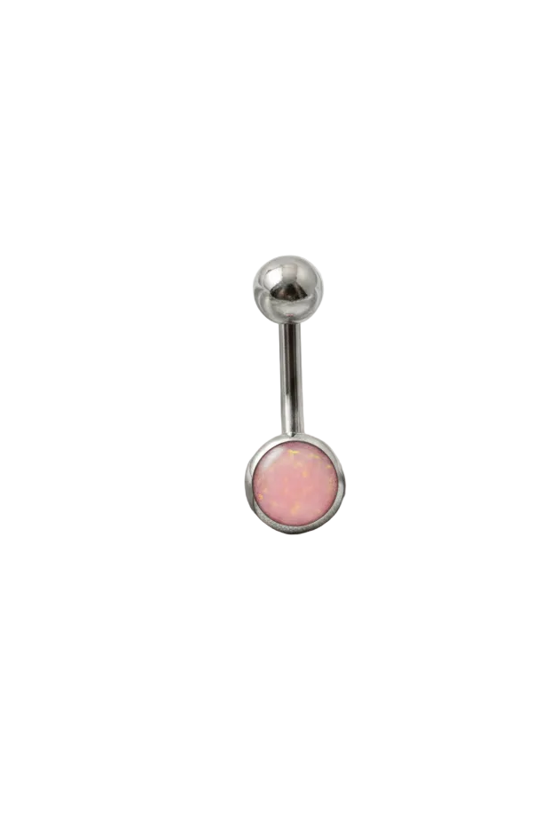 Pink Opal Belly Button Ring in 316l stainless steel on a silver jewelry display close up detail.