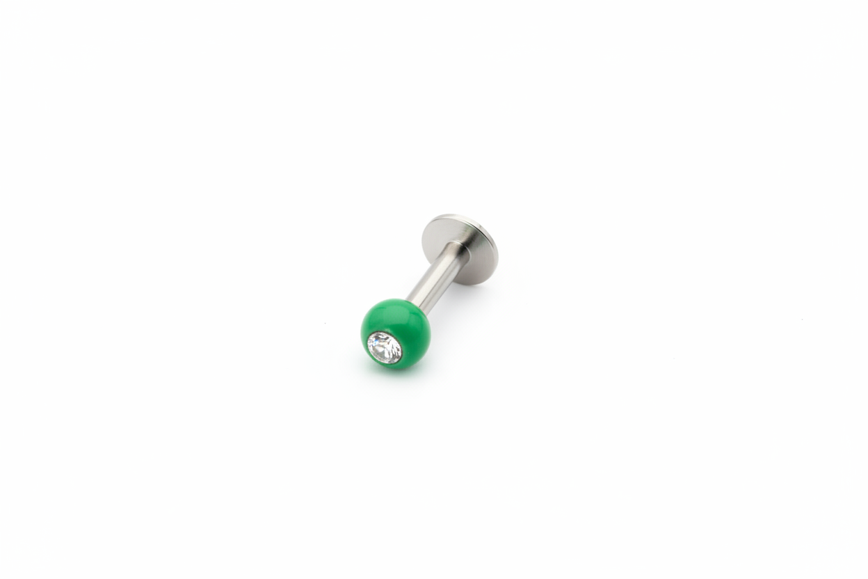 Clear Crystal Green Acrylic Labret Lip ring in  316l stainless steel close up detail.