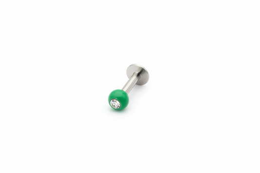 Clear Crystal Green Acrylic Labret Lip ring in  316l stainless steel close up detail.
