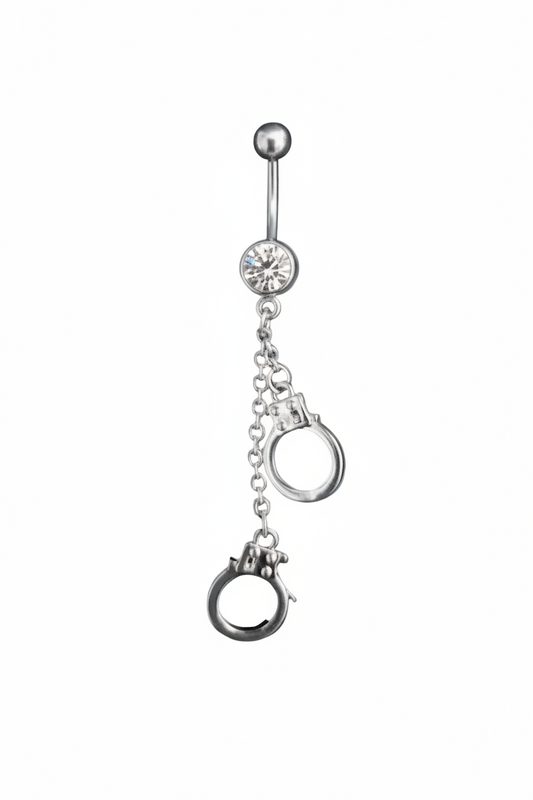 Clear Crystal Handcuff Belly Button Ring in 316l stainless steel close up detail.