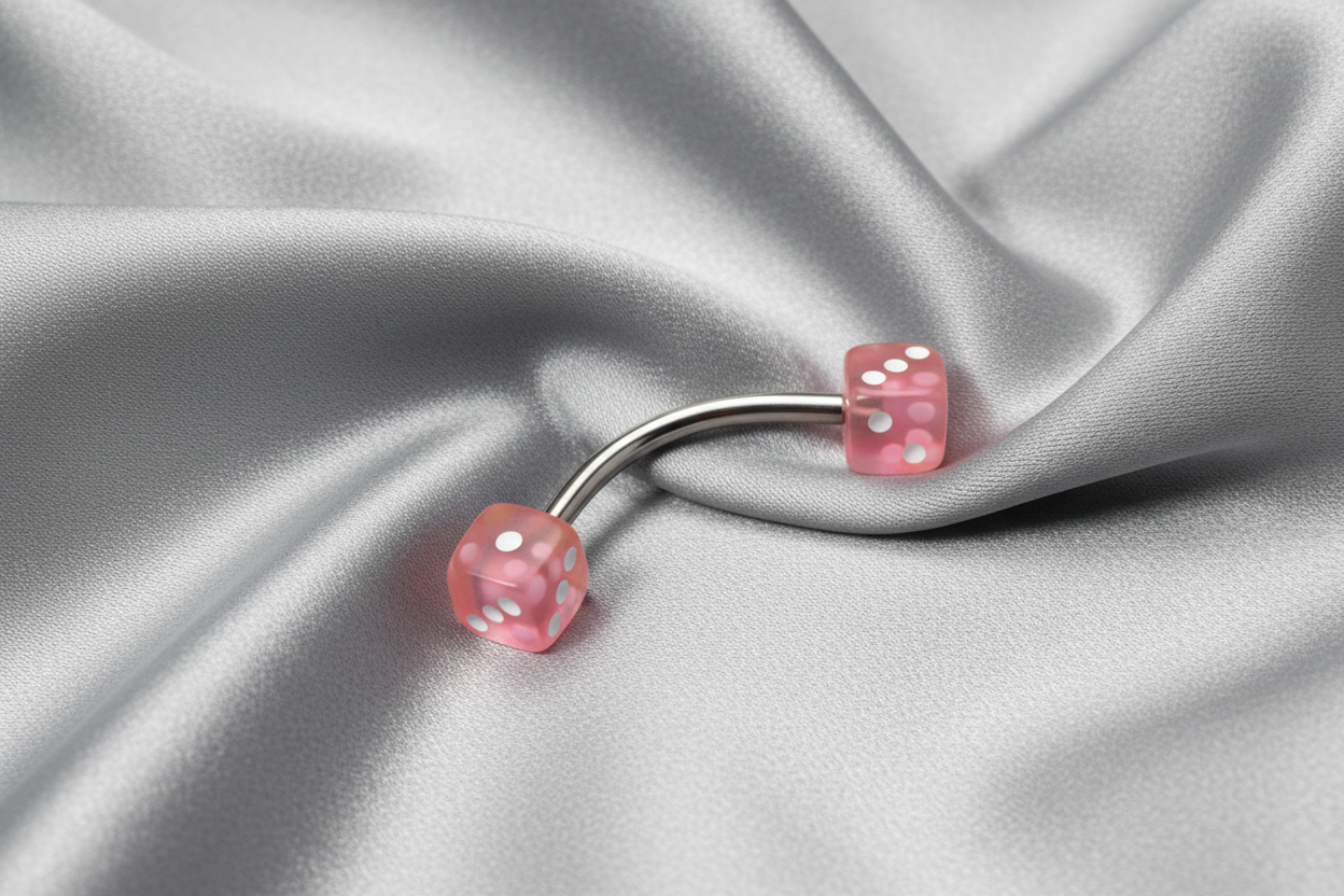 Pink Acrylic Dice Eyebrow Ring in 316l stainless steel.