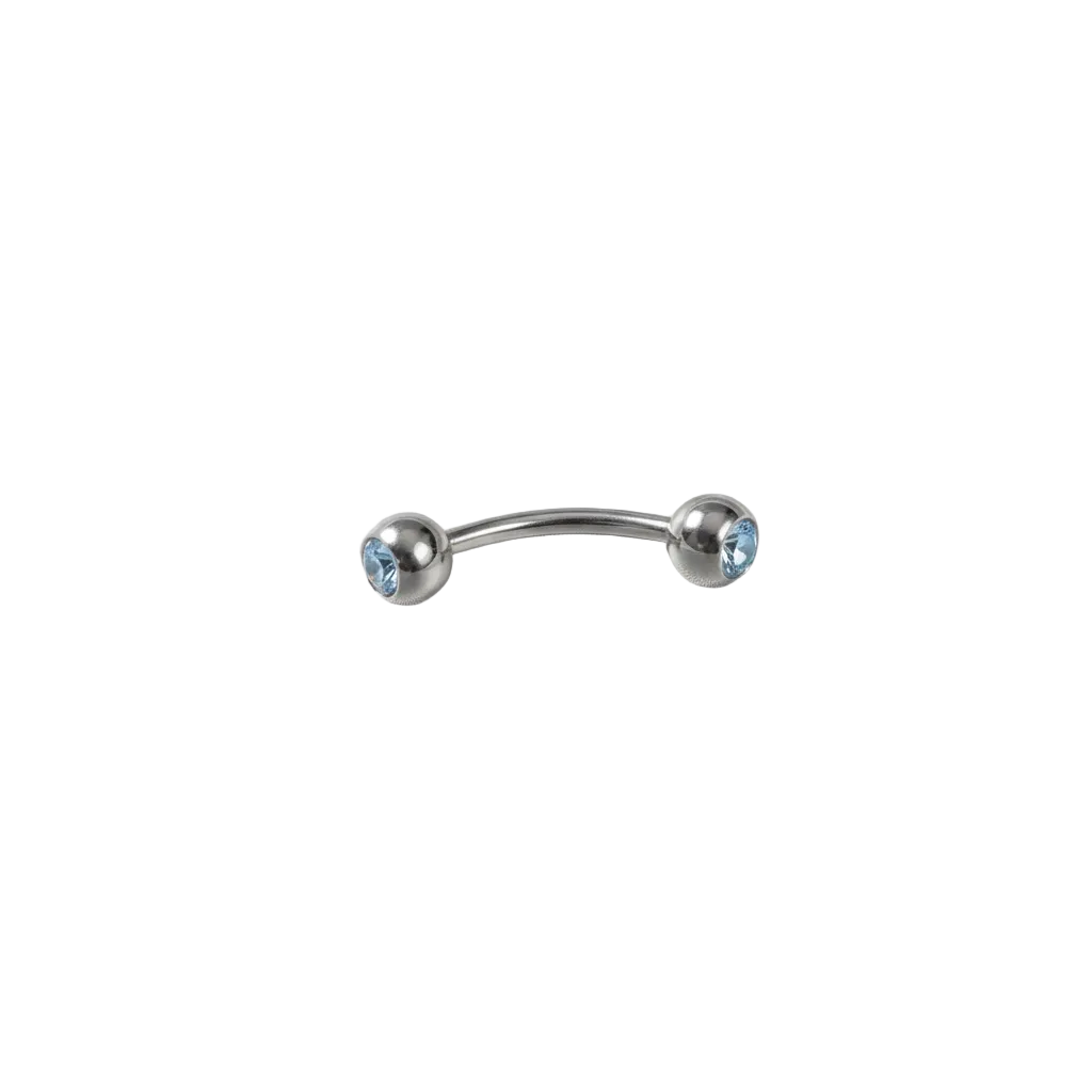 Sky Blue Crystal Ball Eyebrow Ring in 316l stainless steel close up detail.