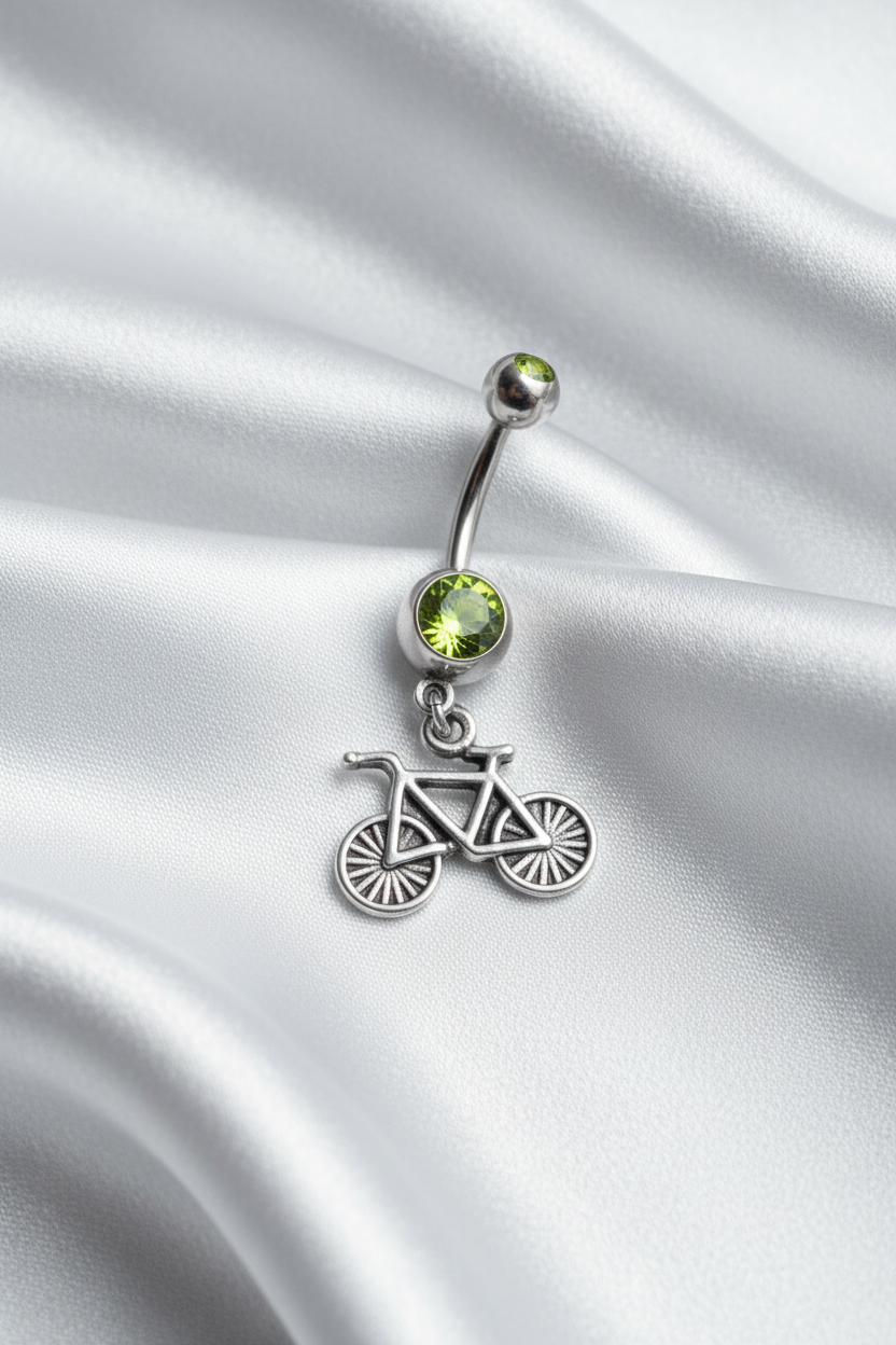Green Crystal Bicycle Belly Button Ring in 316l stainless steel.