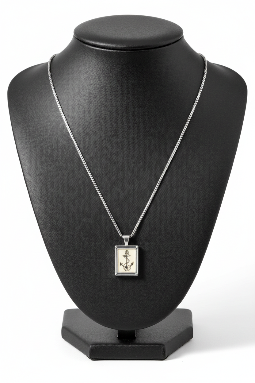 Vintage Anchor Steel Chain Necklace in 316l stainless steel on a back bust with a white background.