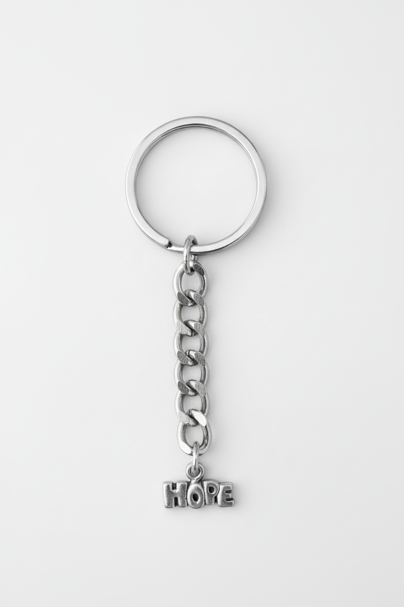 "Hope" Handmade Pewter Charm Keychain on a white background.