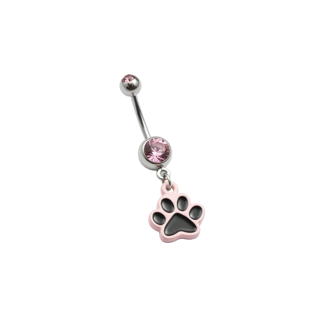 Pink Crystal Puppy Paw Belly Button Ring in 316l stainless steel angled right.