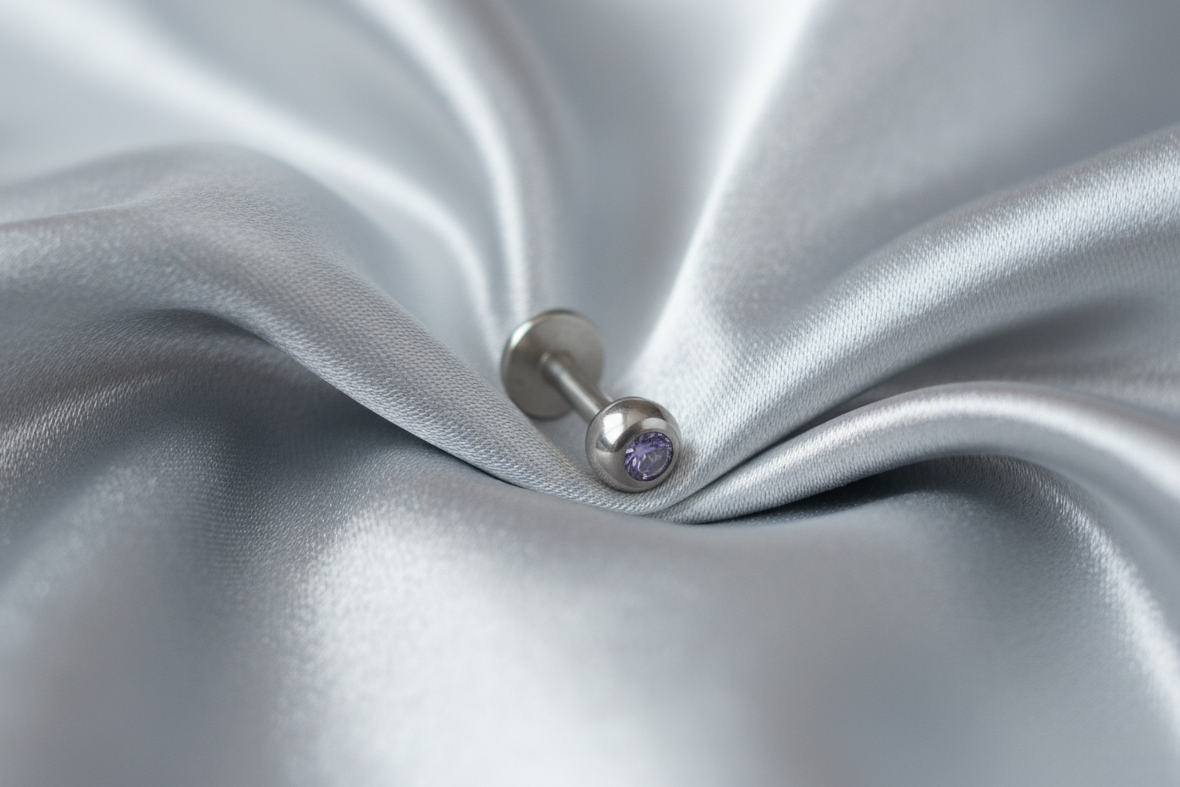 Violet Purple Crystal Labret Lip Ring in 316l stainless steel.