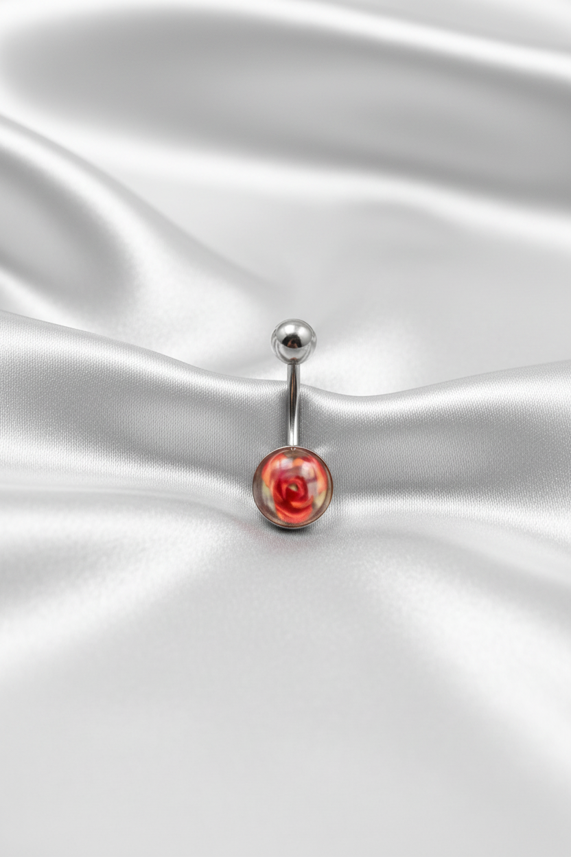 Red Rose Acrylic belly button ring in 316l stainless steel
