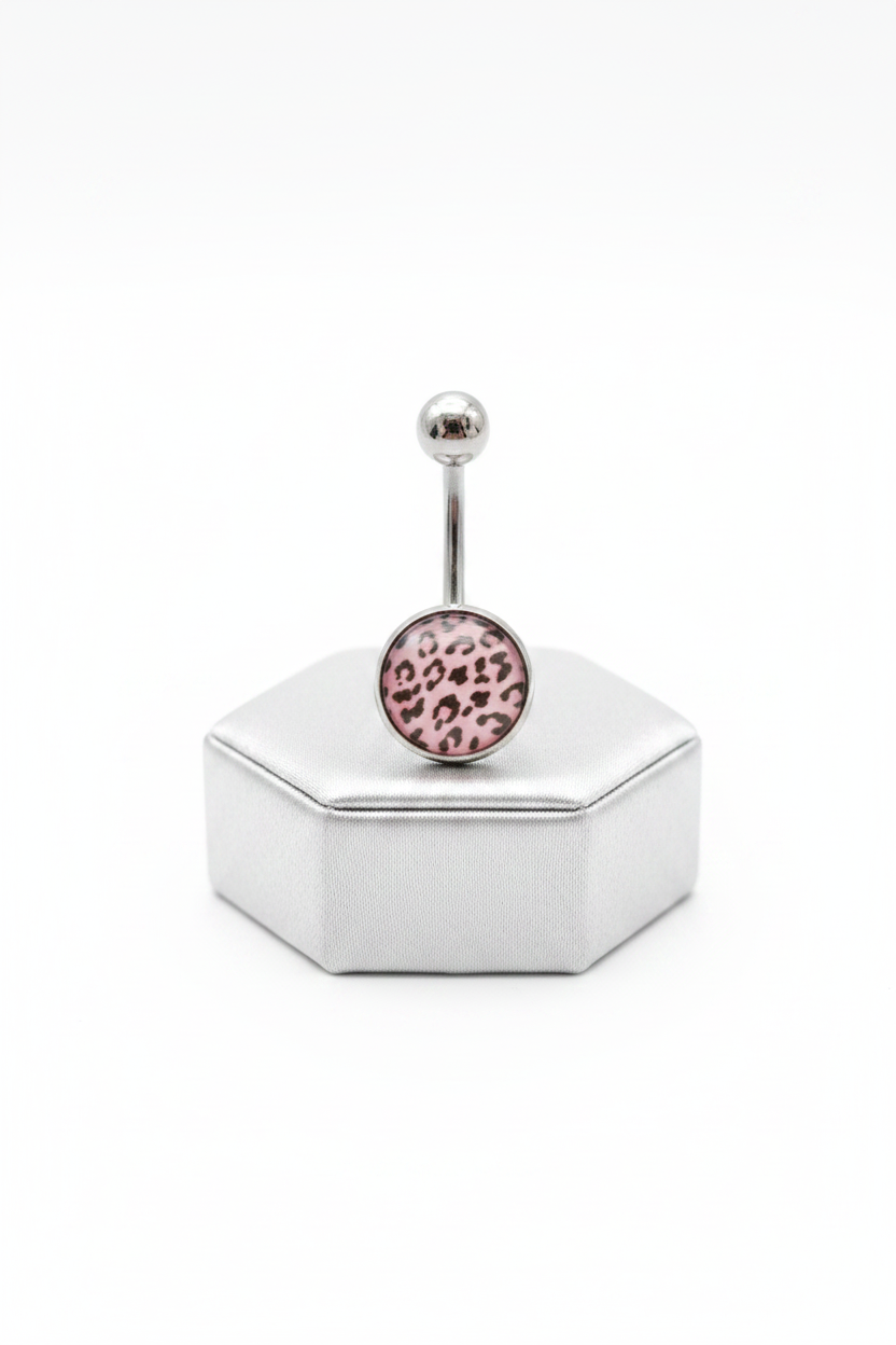Purple Leopard Print Belly Button Ring in 316ltainless steel on a silver jewelry display upright position.