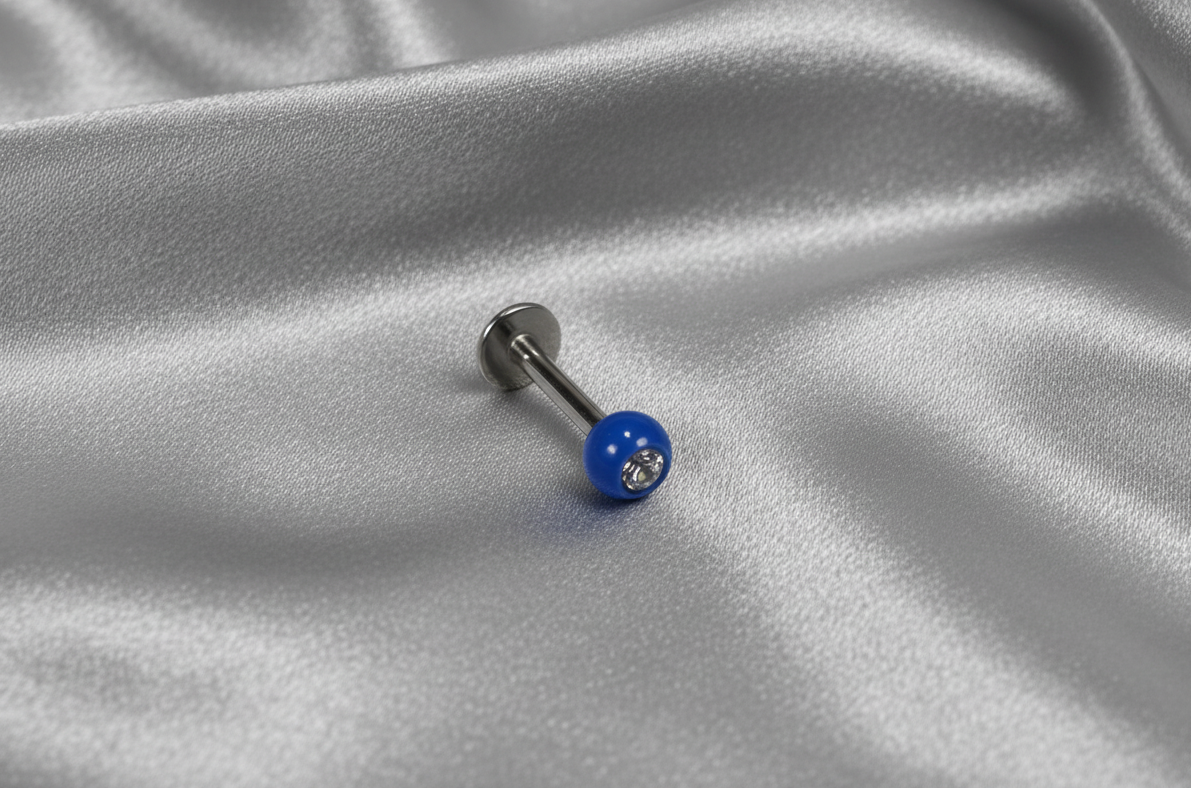 Clear Crystal Blue Acrylic Labret Lip Ring  in 316l stainless steel.
