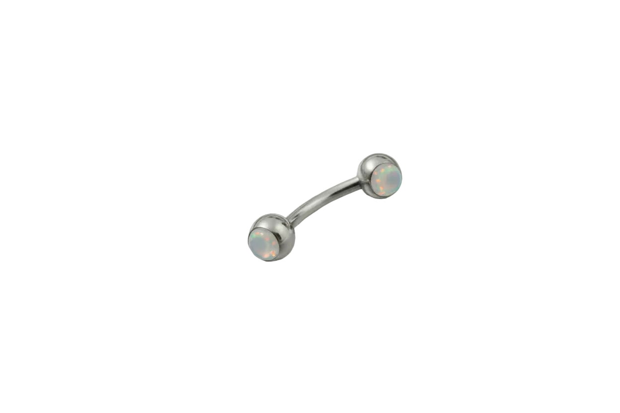 White Opal Steel Eyebrow Ring in 316l stainless steel close up detail.