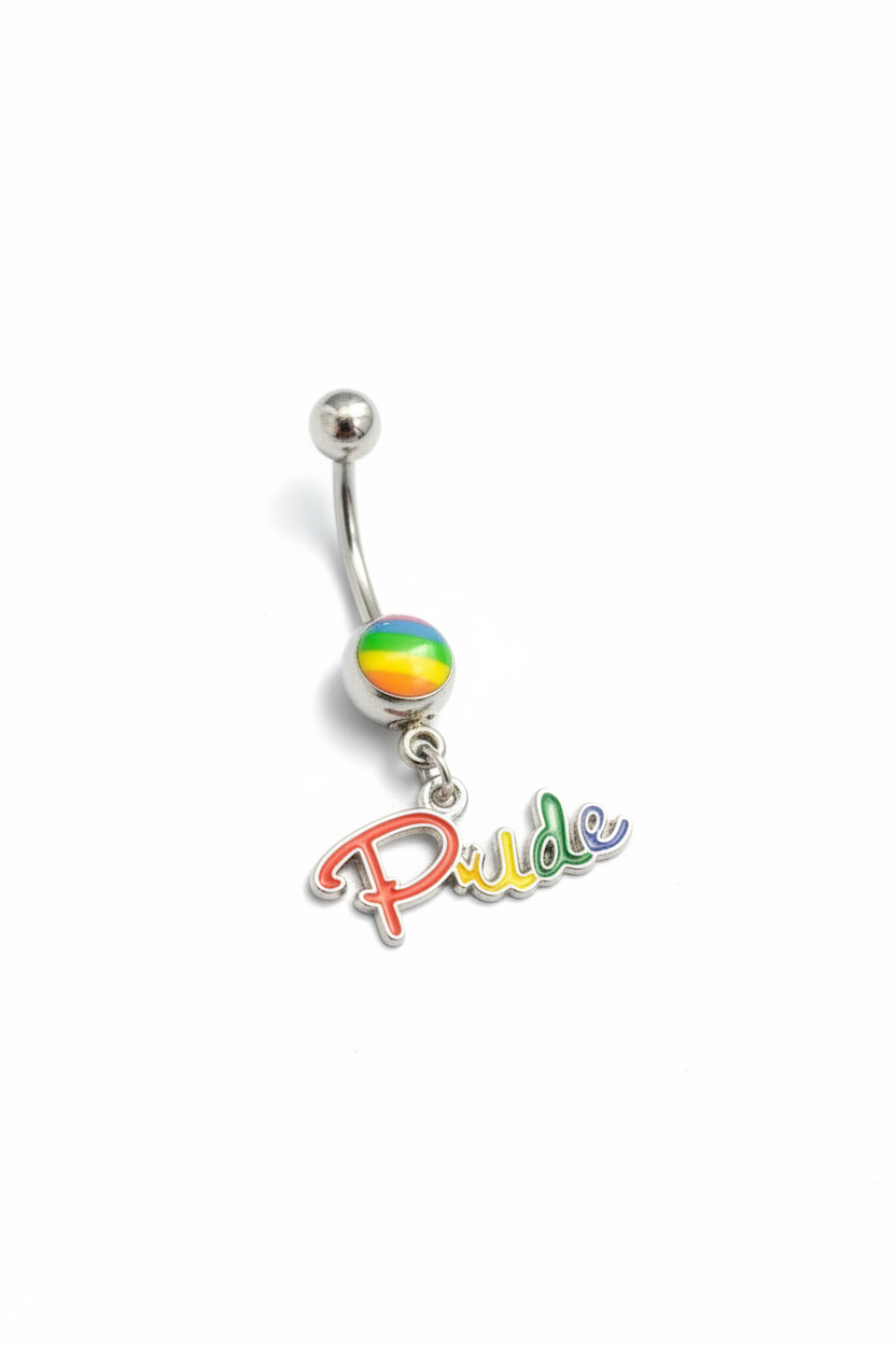 Rainbow Pride Belly Button Ring in 316l stainless steel close up detail.