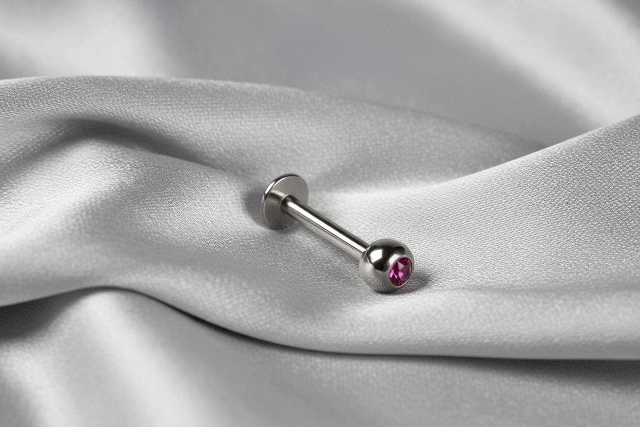 Fuchsia Pink Crystal Labret Lip Ring in 316l stainless steel.