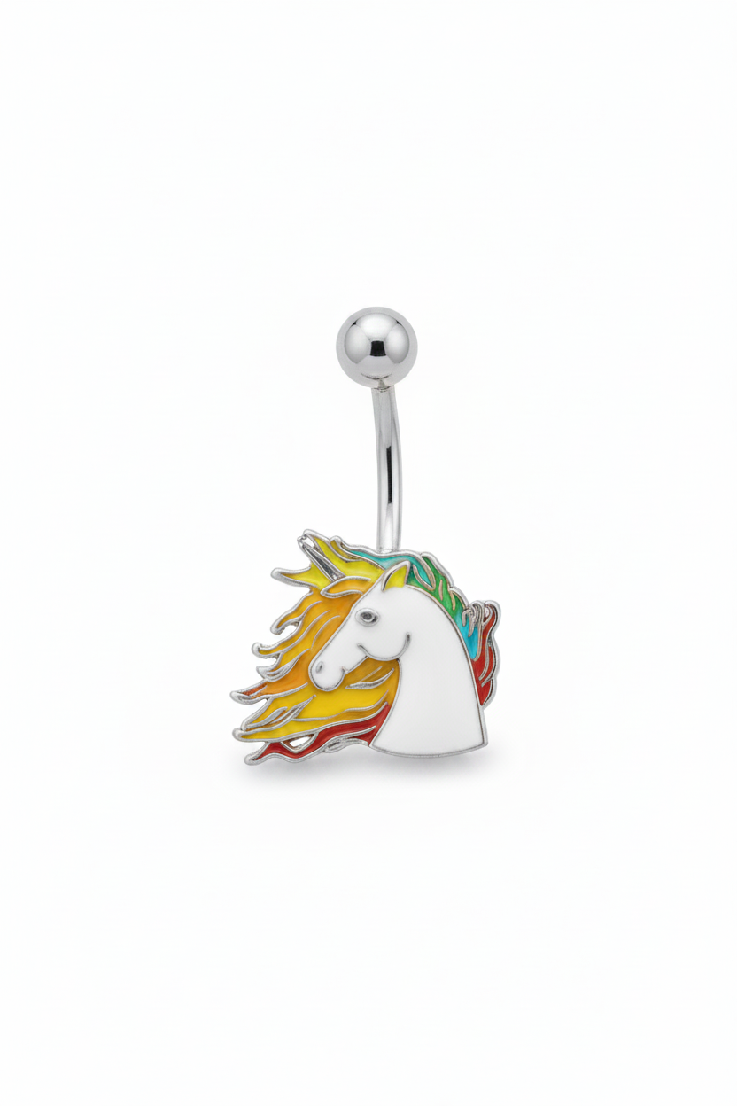 Horse Belly Button Ring / Enamel Horse Head in 316l stainless steel on a white background.