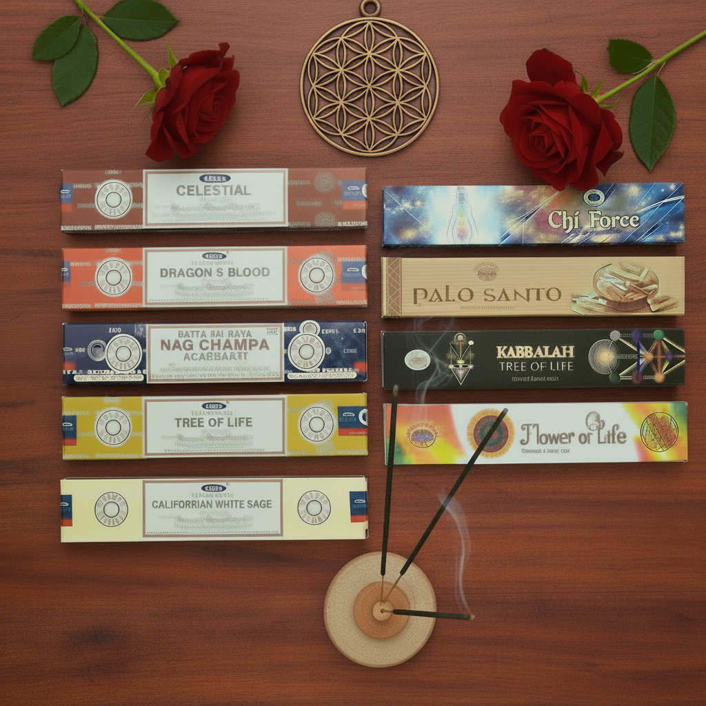 Spiritual Cleansing Incense Variety Gift Package on a wooden table with two red roses a flower of life amulet with incense burning and smoke rising.