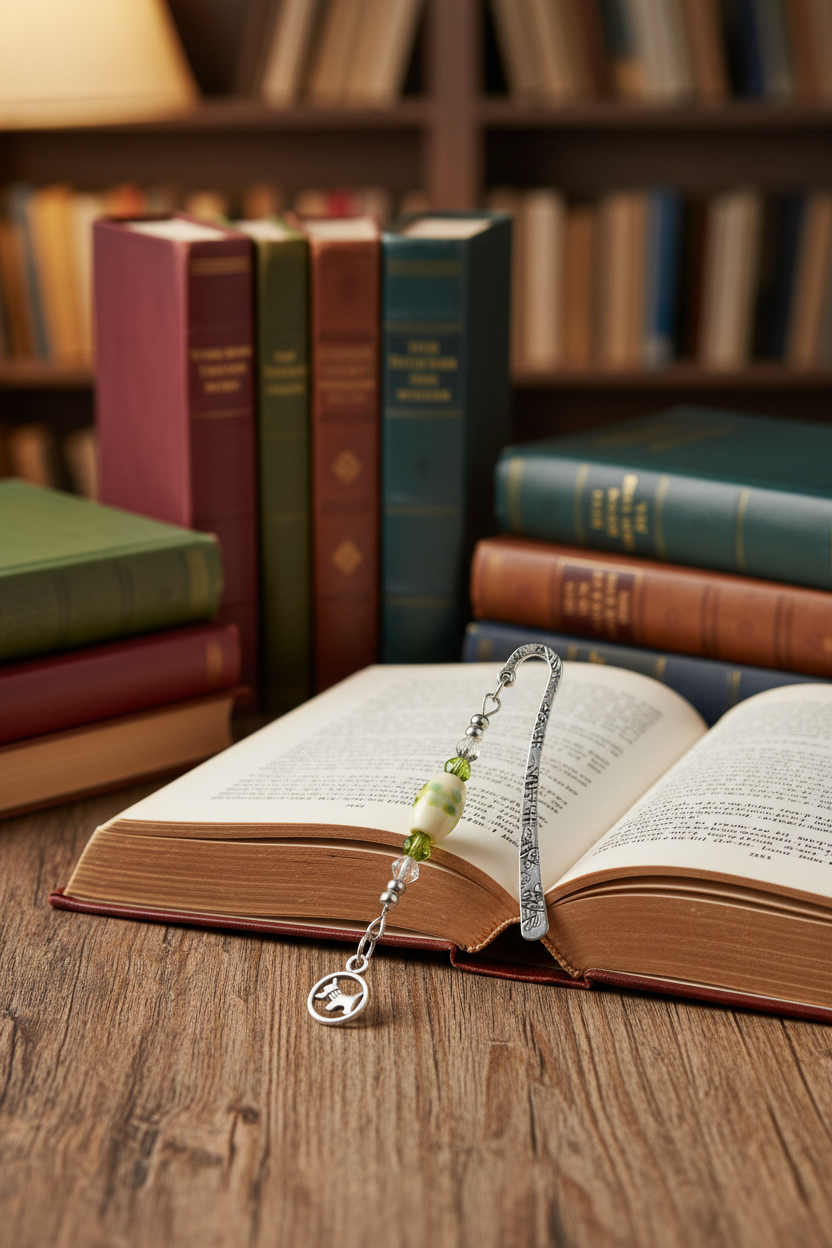 Pet Terrier Handmade Beaded Silver Plated Bookmark - One of a Kind shown with books in a library setting.