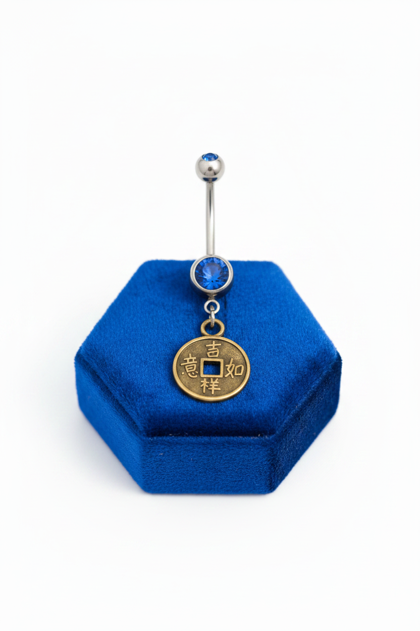 Blue Crystal Bronze I-Ching Belly Button Ring in 316l stainless steel on a blue velvet jewelry display.