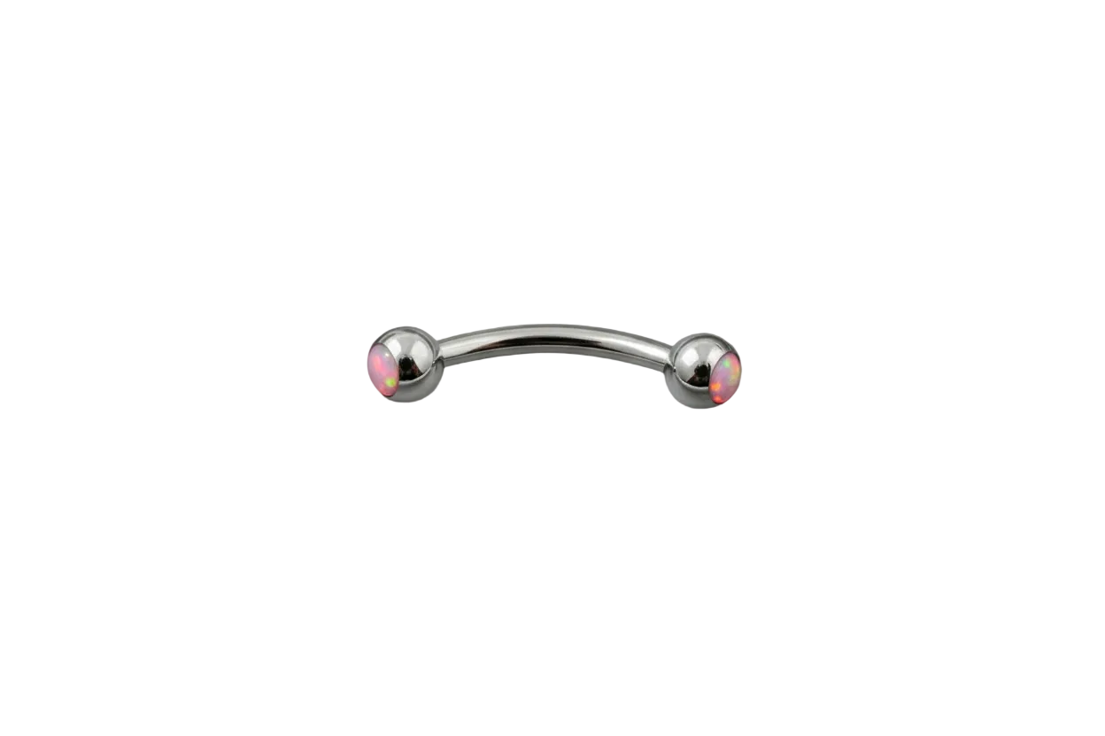 Pink Opal Eyebrow Ring in 316l Stainless steel close up detail.