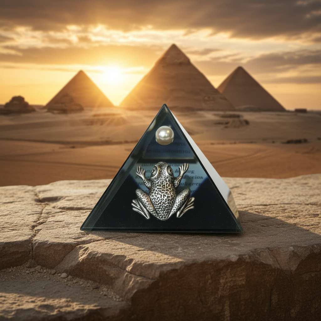 Black Frog Mini Glass Pyramid Keepsake Box on a stone surface with Giza plateau in the background.