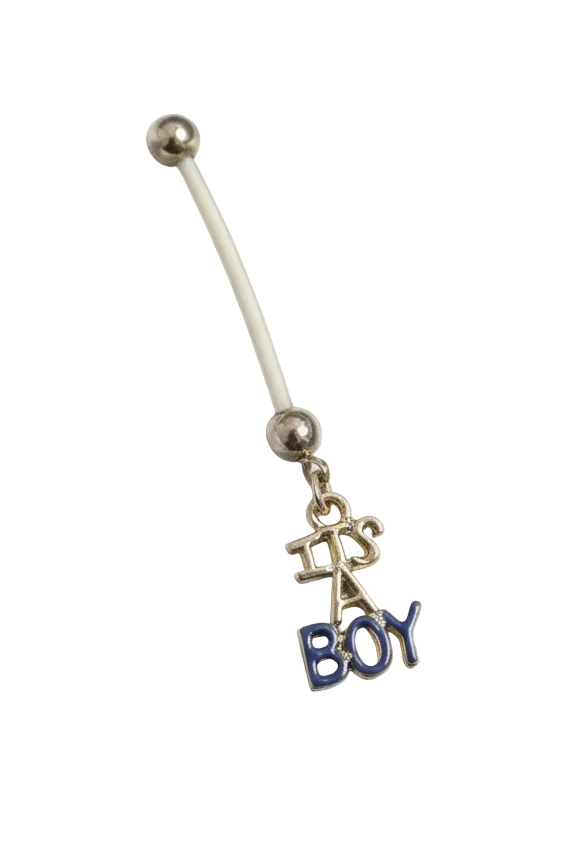 Blue "It's a Boy!" Acrylic Pregnancy Belly Button Ring in 316l stainless steel close up detail.