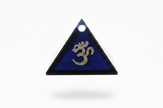 Ohm Symbol Mini Glass Pyramid Keepsake Box closed on a white background showing pewter Ohm symbol charm.