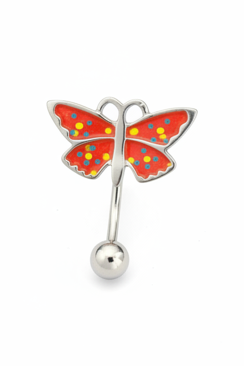 Red Butterfly upside down belly button ring in 316l stainless steel