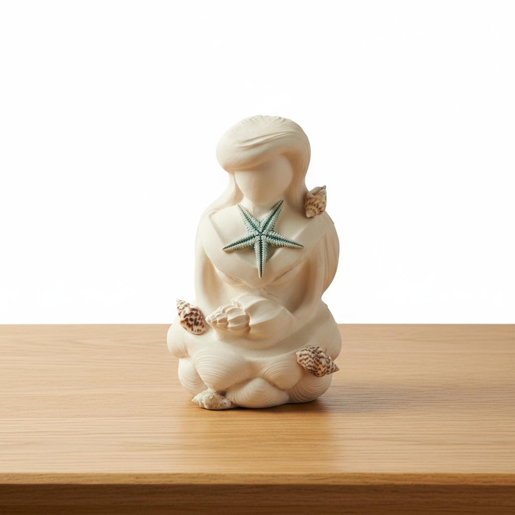 Ancient Sea Goddess Yemaya Terra Cotta Mini Figurine - Altar & Sacred Space on a wooden table with a white background.