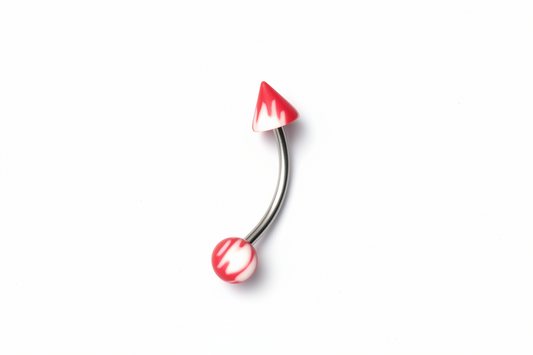 Red and White Acrylic Eyebrow Ring in 316l stainless steel close up detail.