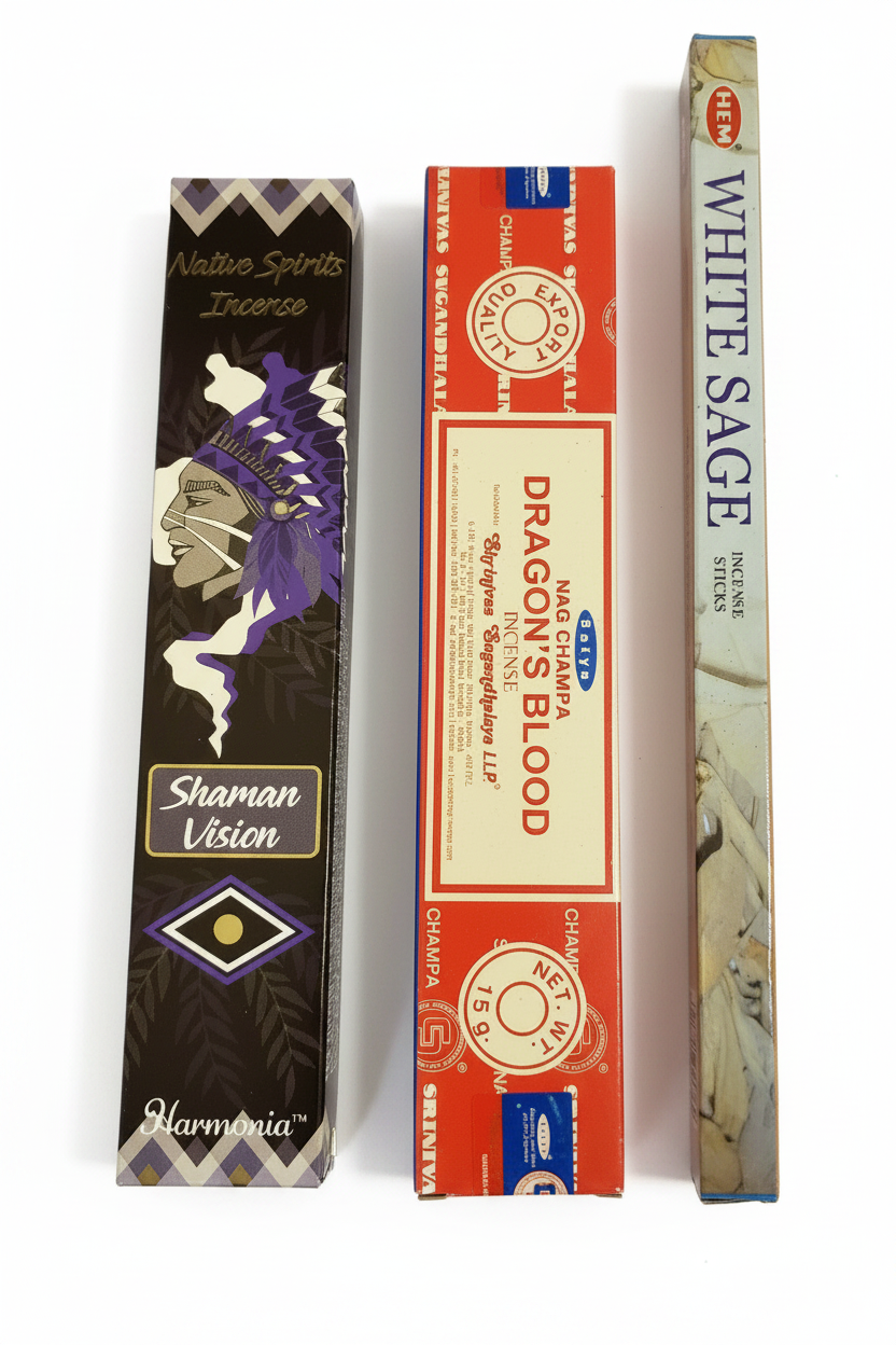 Native Spirit Shaman Vision, Satya Dragon's Blood and Hem Sage incense on white background. Free with purchase of Purple Open Jaws Dragon Resin Incense Holder - Free Incense.