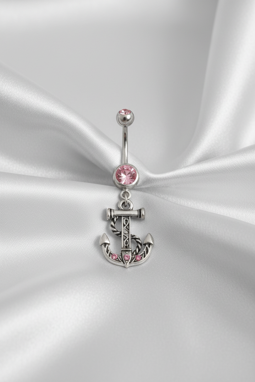 Pink Crystal Anchor Belly Button Ring in 316l stainless steel.