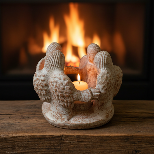 Circle of Angels Terra Cotta Tea Light Candle Holder on a wooden table in front of a fireplace with a burning fire and the candle lit showing a warm glow.