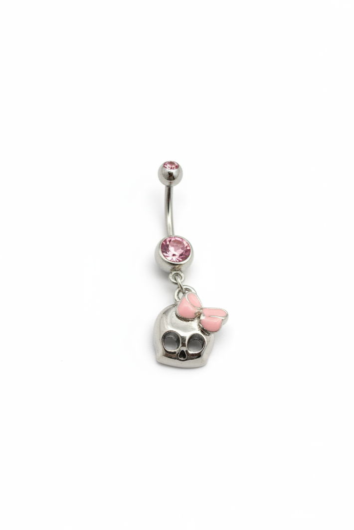 Pink Crystal Skull Belly Button Ring in 316l stainless steel front facing.