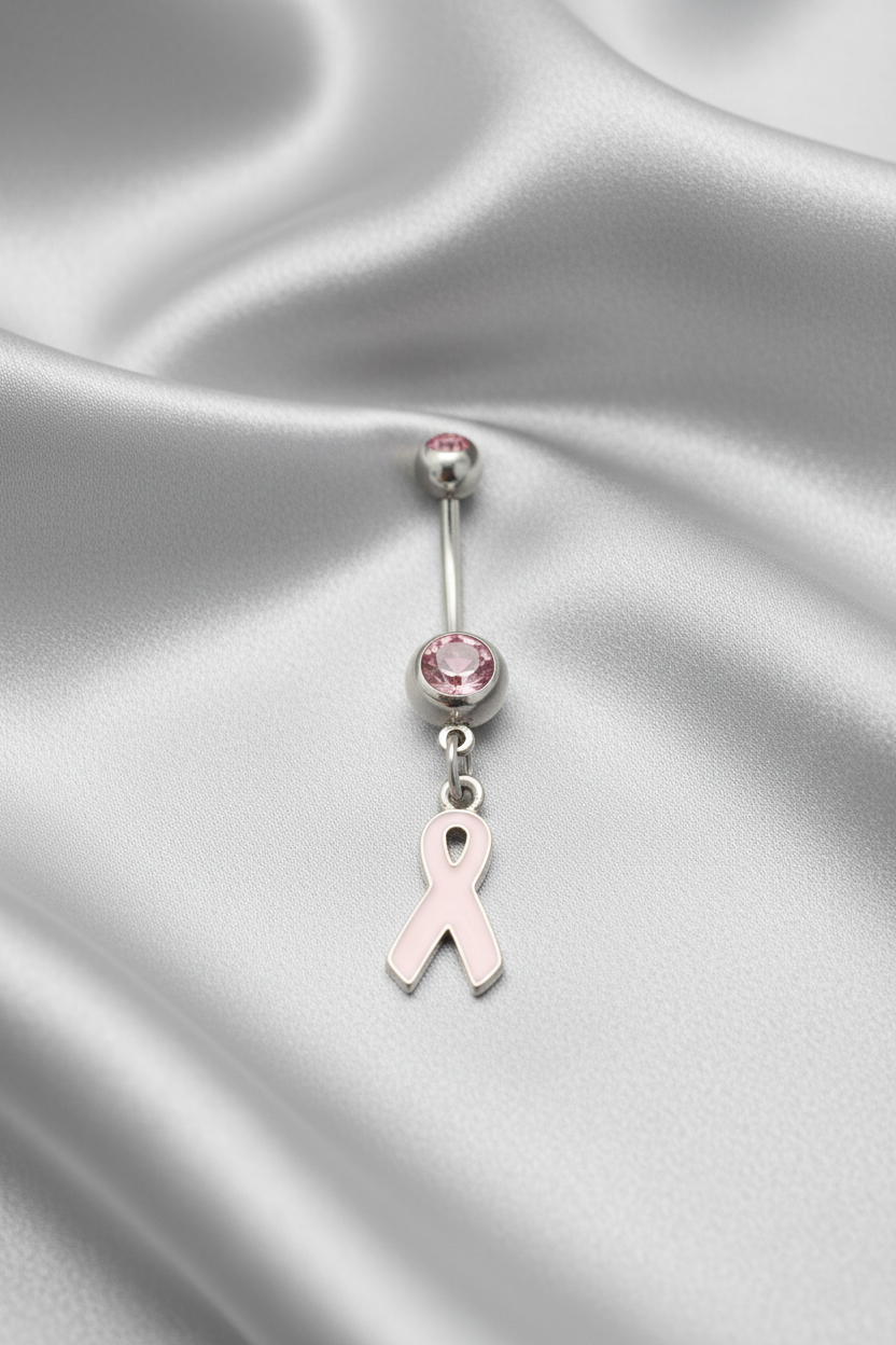 Pink Crystal Hope Ribbon Belly Button Ring in 316l stainless steel.