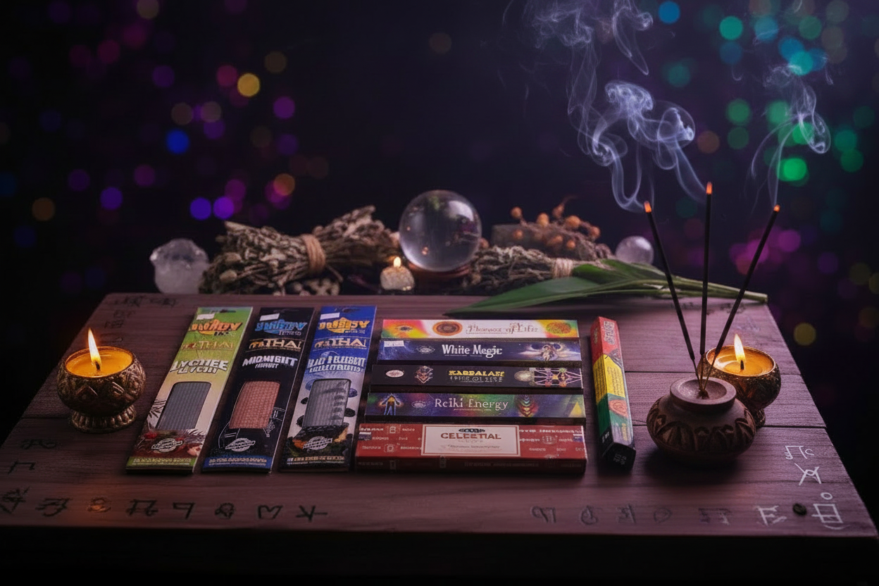 Midnight Ritual Incense Variety Gift Package burning in a mystic setting with smoke rising.